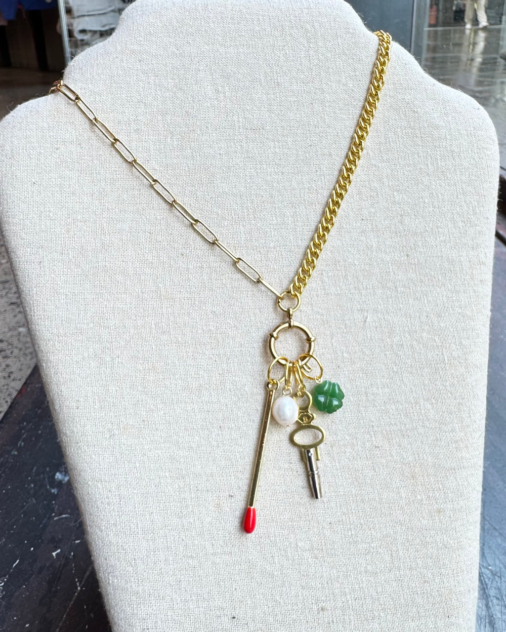 Vintage Watch Chain Necklace with Bolt Clasp Charm Bundle