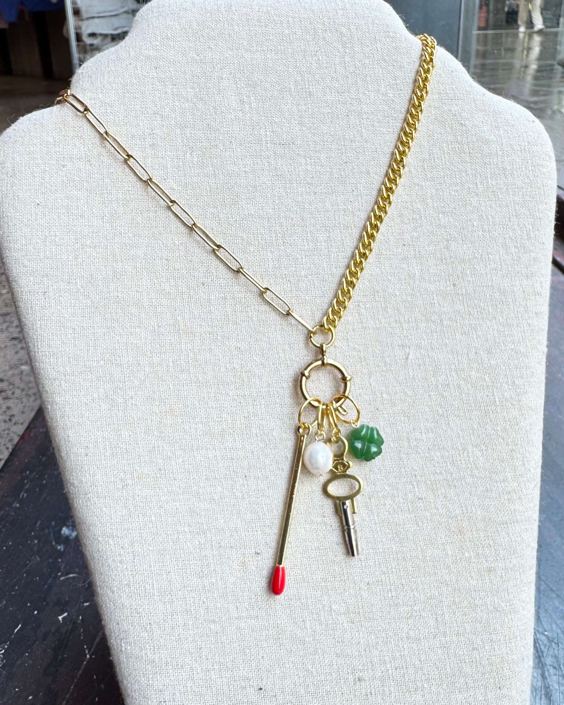 Vintage Watch Chain Necklace with Bolt Clasp Charm Bundle
