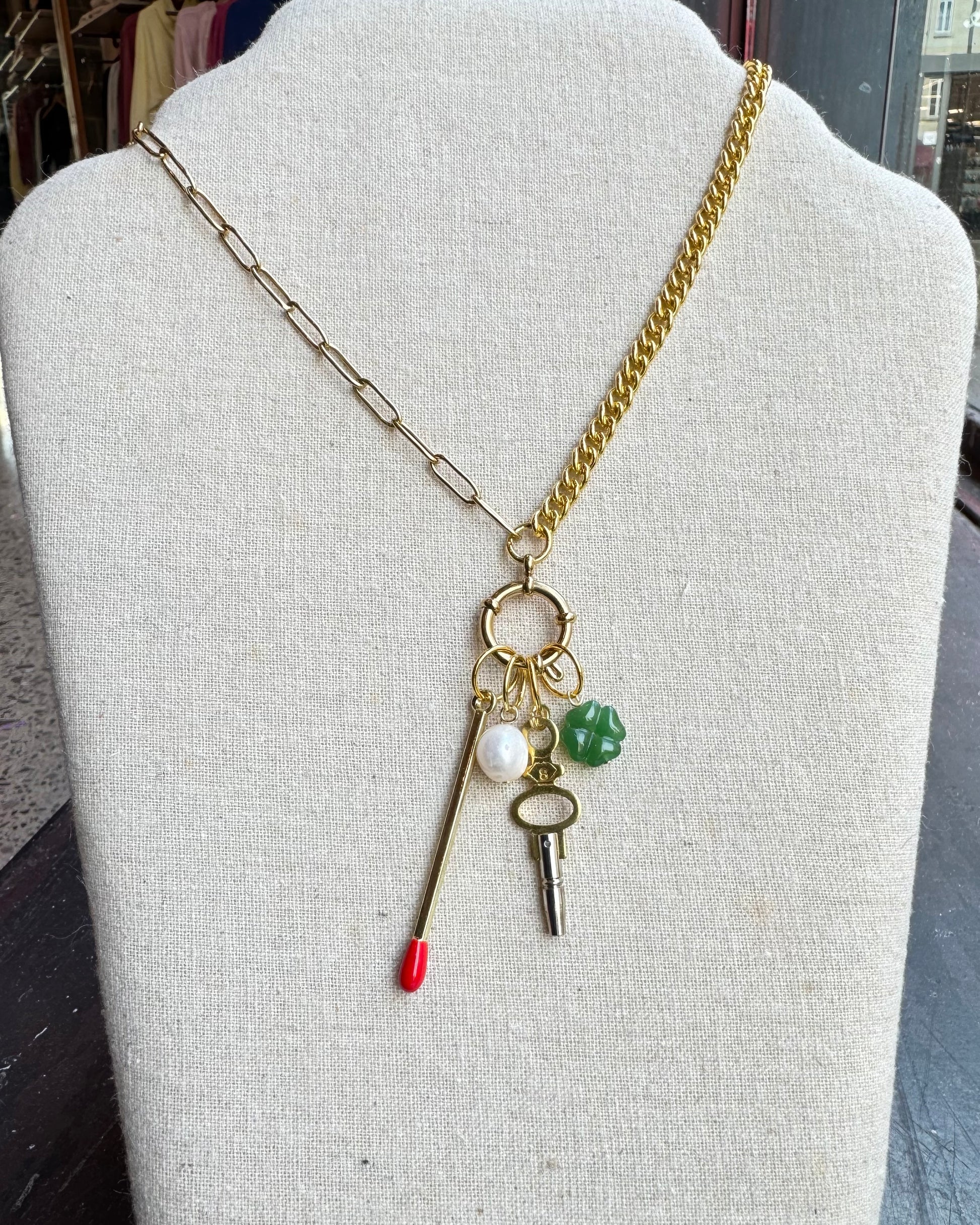 Vintage Watch Chain Necklace with Bolt Clasp Charm Bundle
