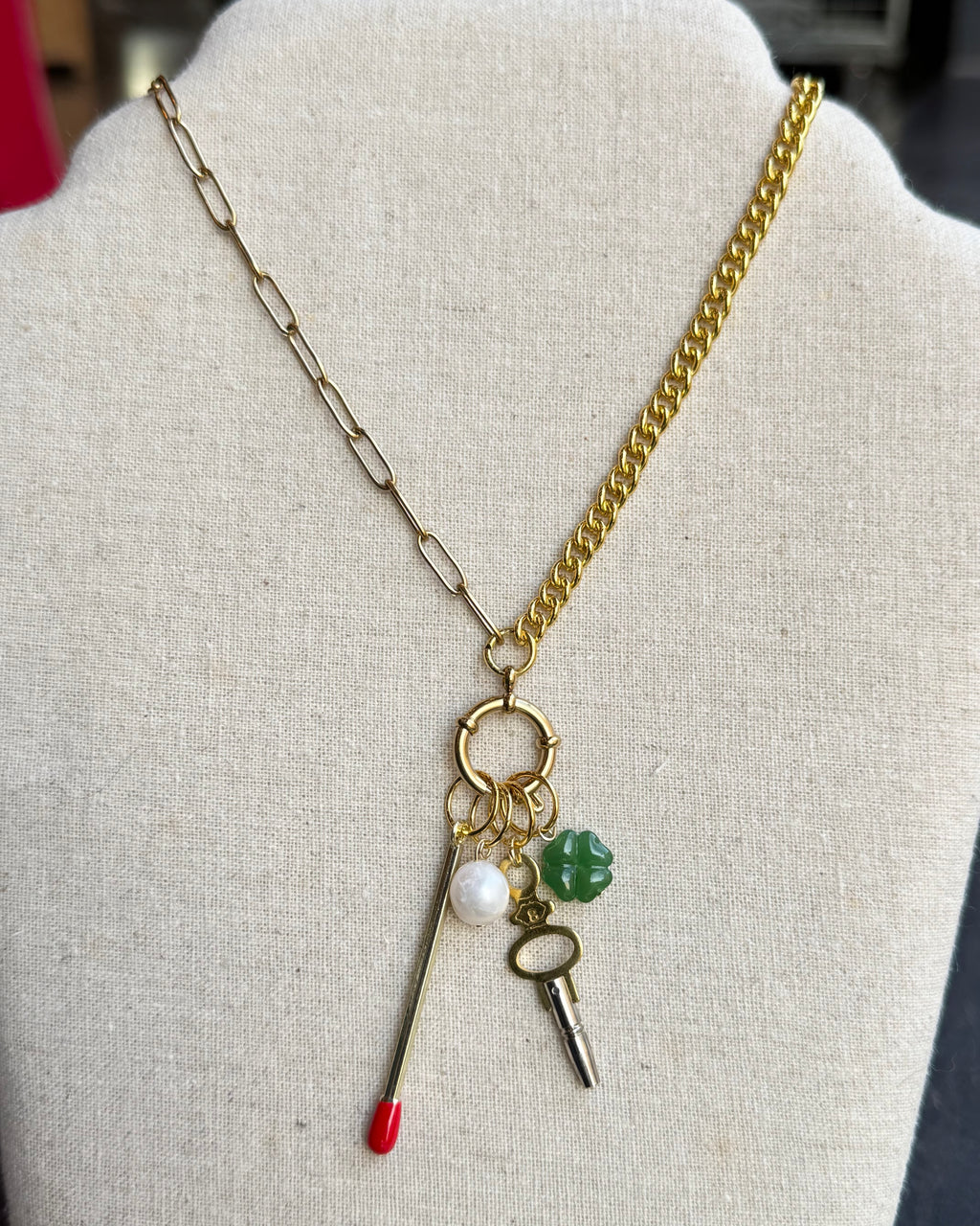Vintage Watch Chain Necklace with Bolt Clasp Charm Bundle