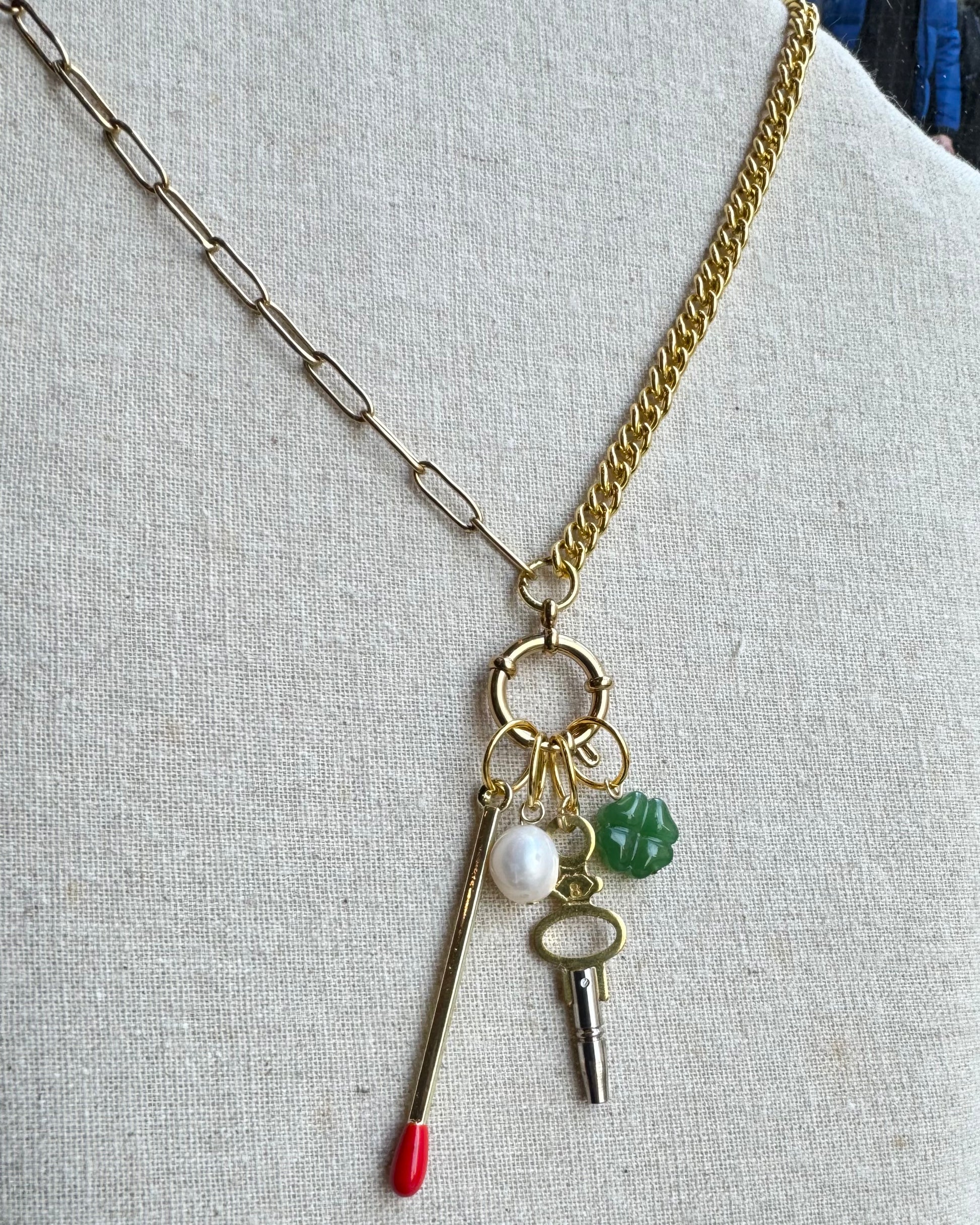 Vintage Watch Chain Necklace with Bolt Clasp Charm Bundle