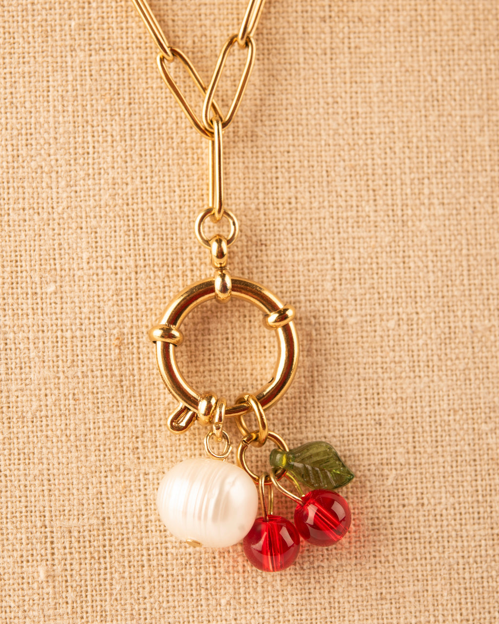 Cherry & Pearl Bolt Clasp Charm Necklace