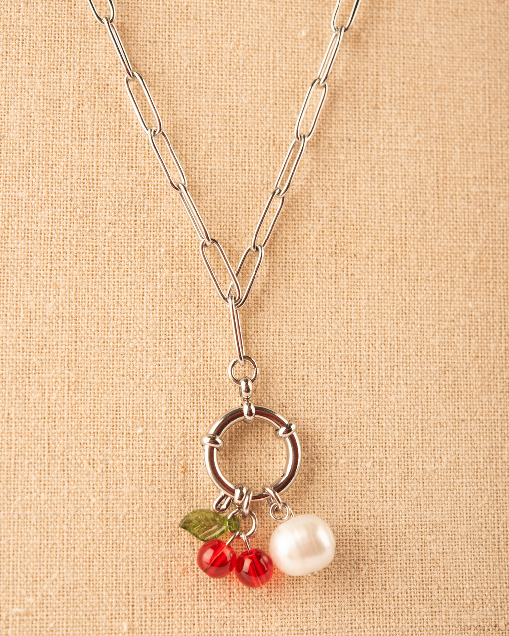 Cherry & Pearl Bolt Clasp Charm Necklace