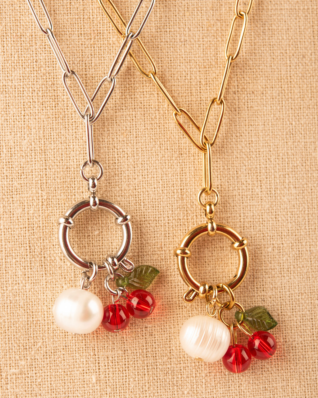 Cherry & Pearl Bolt Clasp Charm Necklace