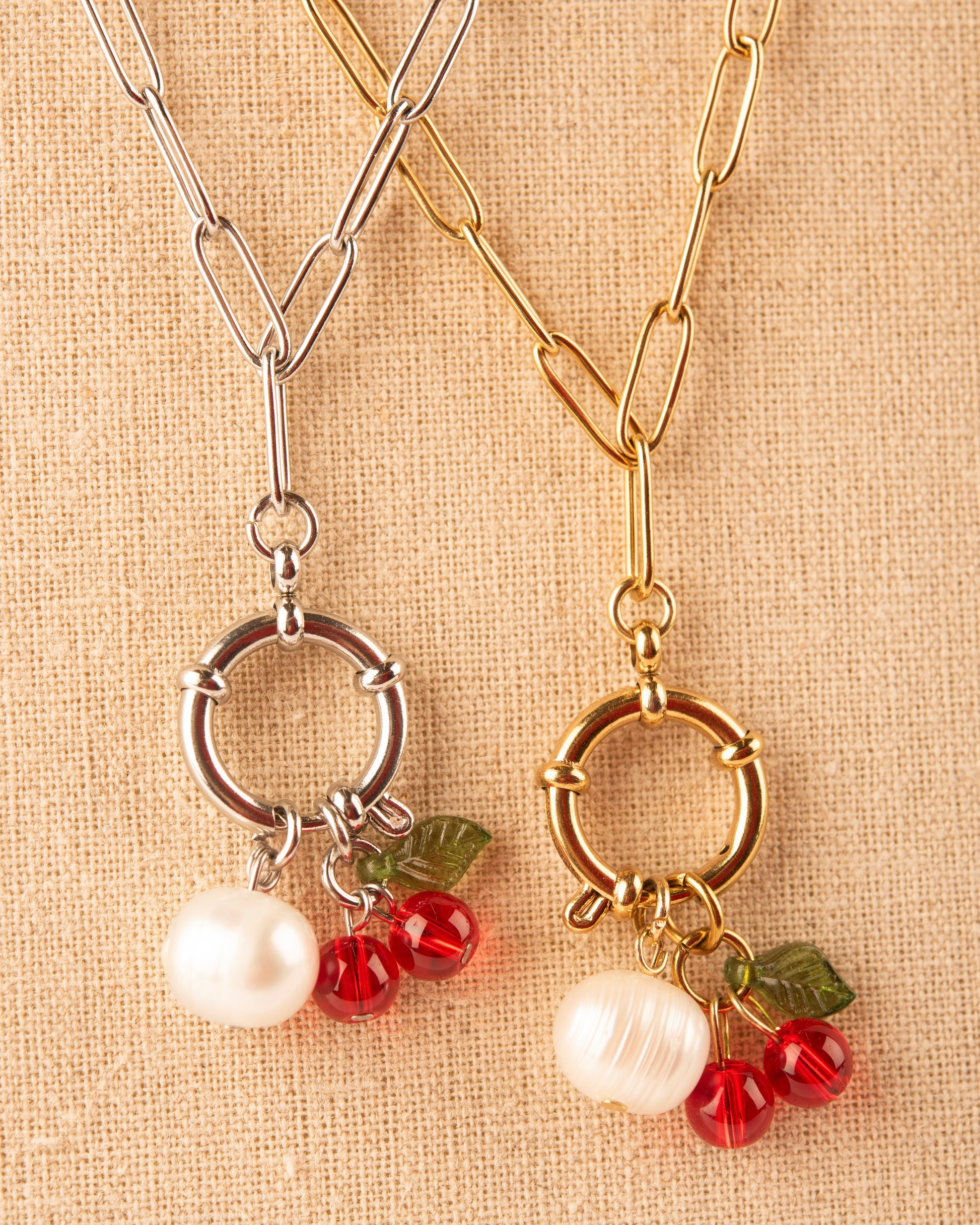 Cherry & Pearl Bolt Clasp Charm Necklace