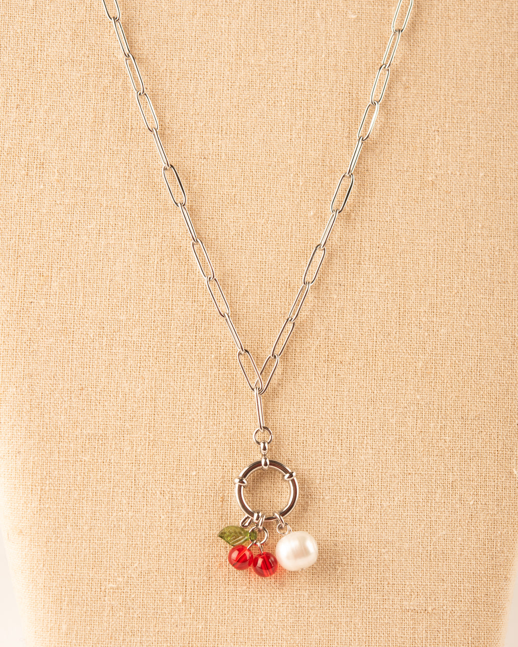 Cherry & Pearl Bolt Clasp Charm Necklace