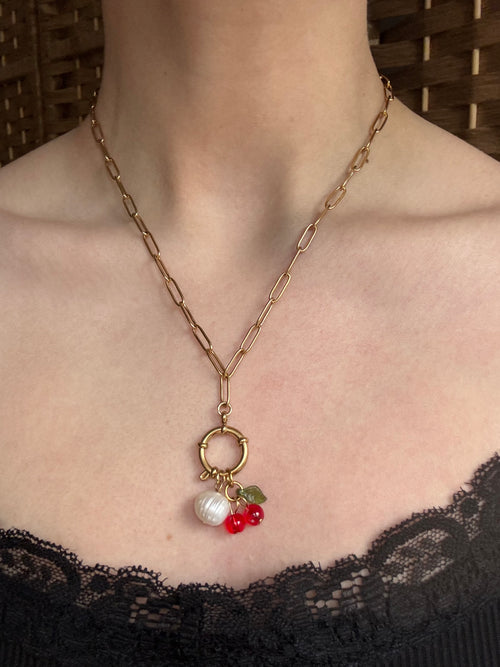 Cherry & Pearl Bolt Clasp Charm Necklace