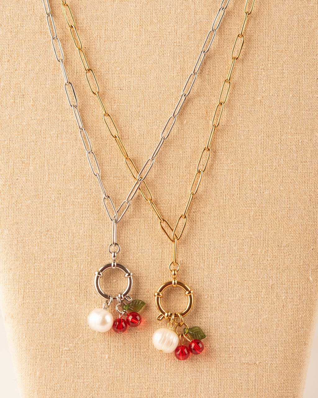 Cherry & Pearl Bolt Clasp Charm Necklace