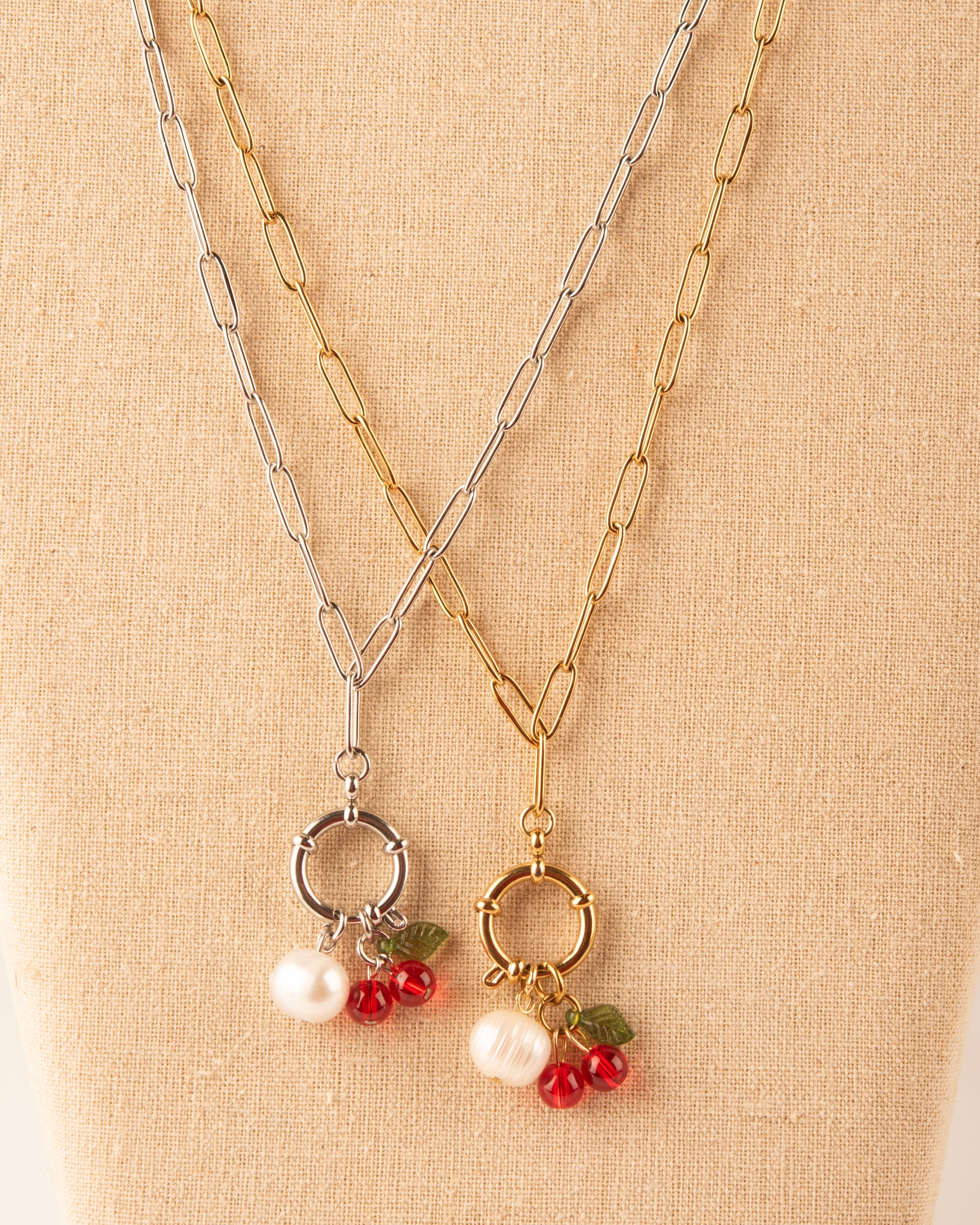 Cherry & Pearl Bolt Clasp Charm Necklace