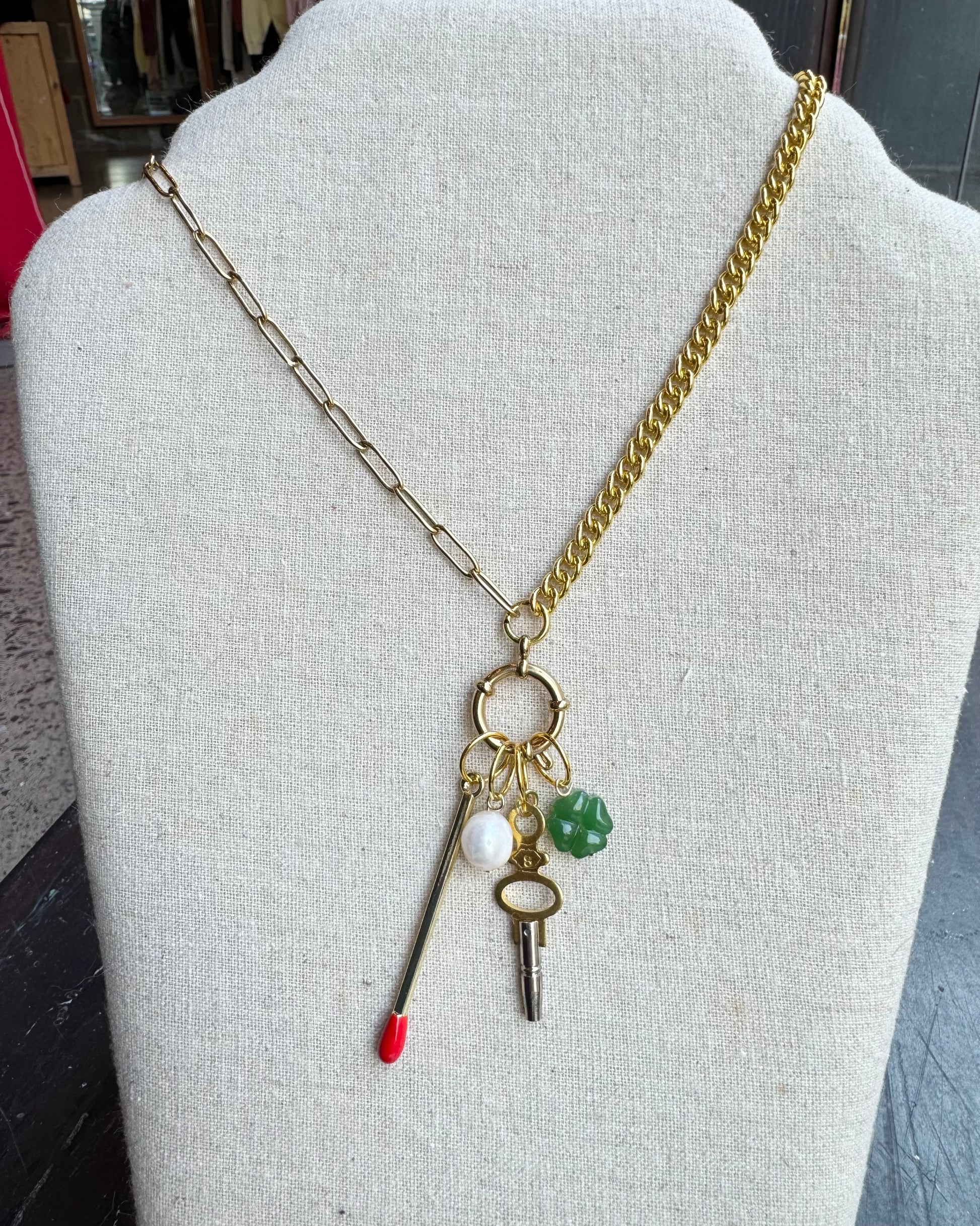 Vintage Watch Chain Necklace with Bolt Clasp Charm Bundle
