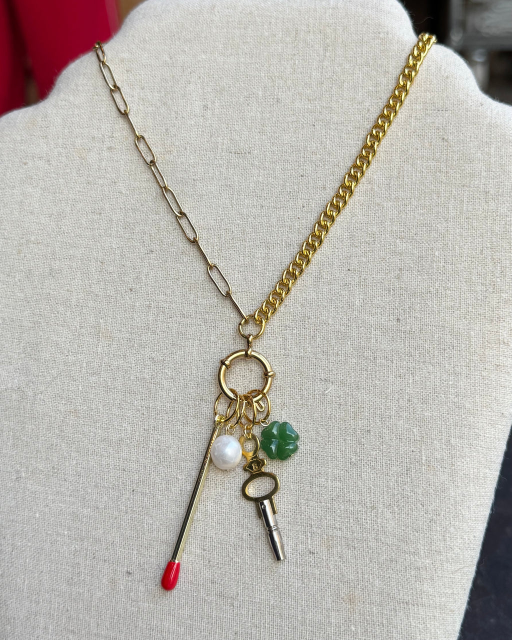 Vintage Watch Chain Necklace with Bolt Clasp Charm Bundle