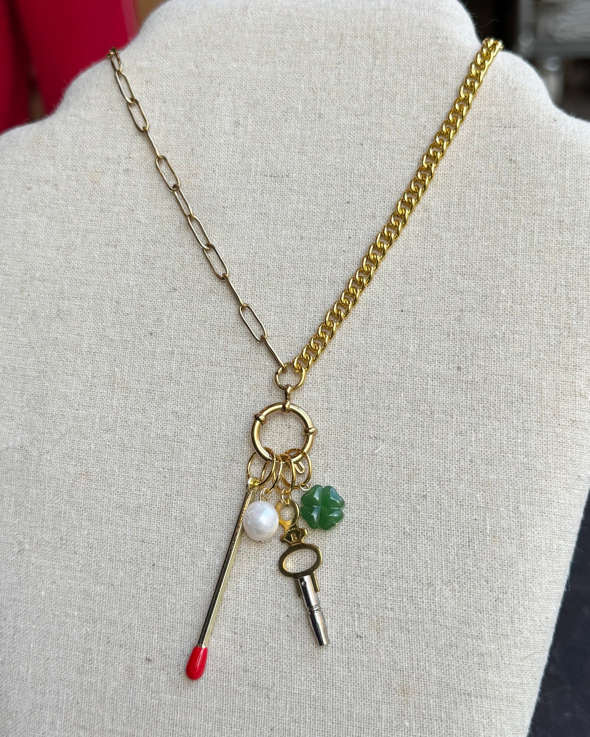 Vintage Watch Chain Necklace with Bolt Clasp Charm Bundle