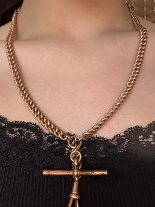 Antique 9ct Rolled Rose Gold T Bar Curb Chain Necklace