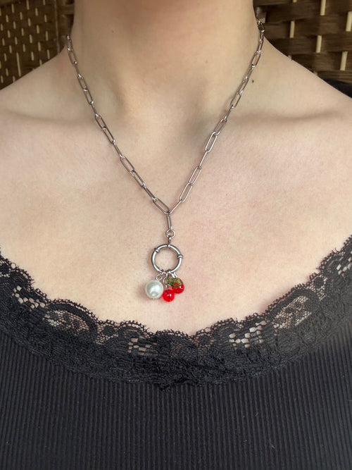 Cherry & Pearl Bolt Clasp Charm Necklace