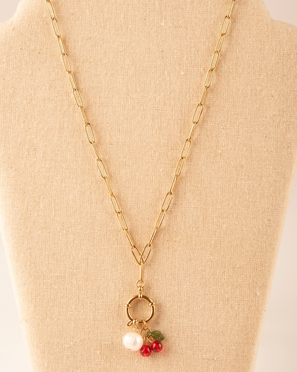 Cherry & Pearl Bolt Clasp Charm Necklace