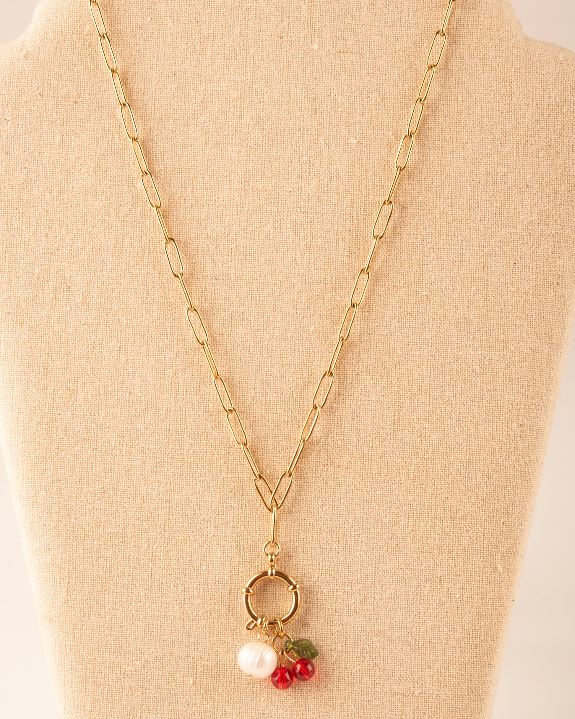 Cherry & Pearl Bolt Clasp Charm Necklace