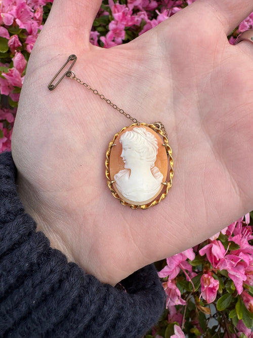Antique 9ct Gold Twisted Frame Shell Cameo Pendant & Brooch