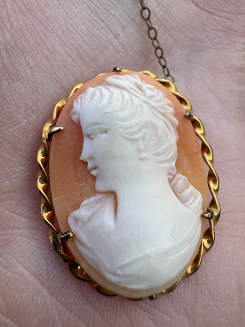 Antique 9ct Gold Twisted Frame Shell Cameo Pendant & Brooch