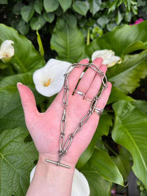 Antique Mexican Silver Trombone Link T bar Watch Chain
