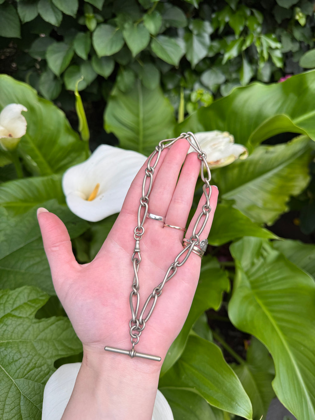 Antique Mexican Silver Trombone Link T bar Watch Chain