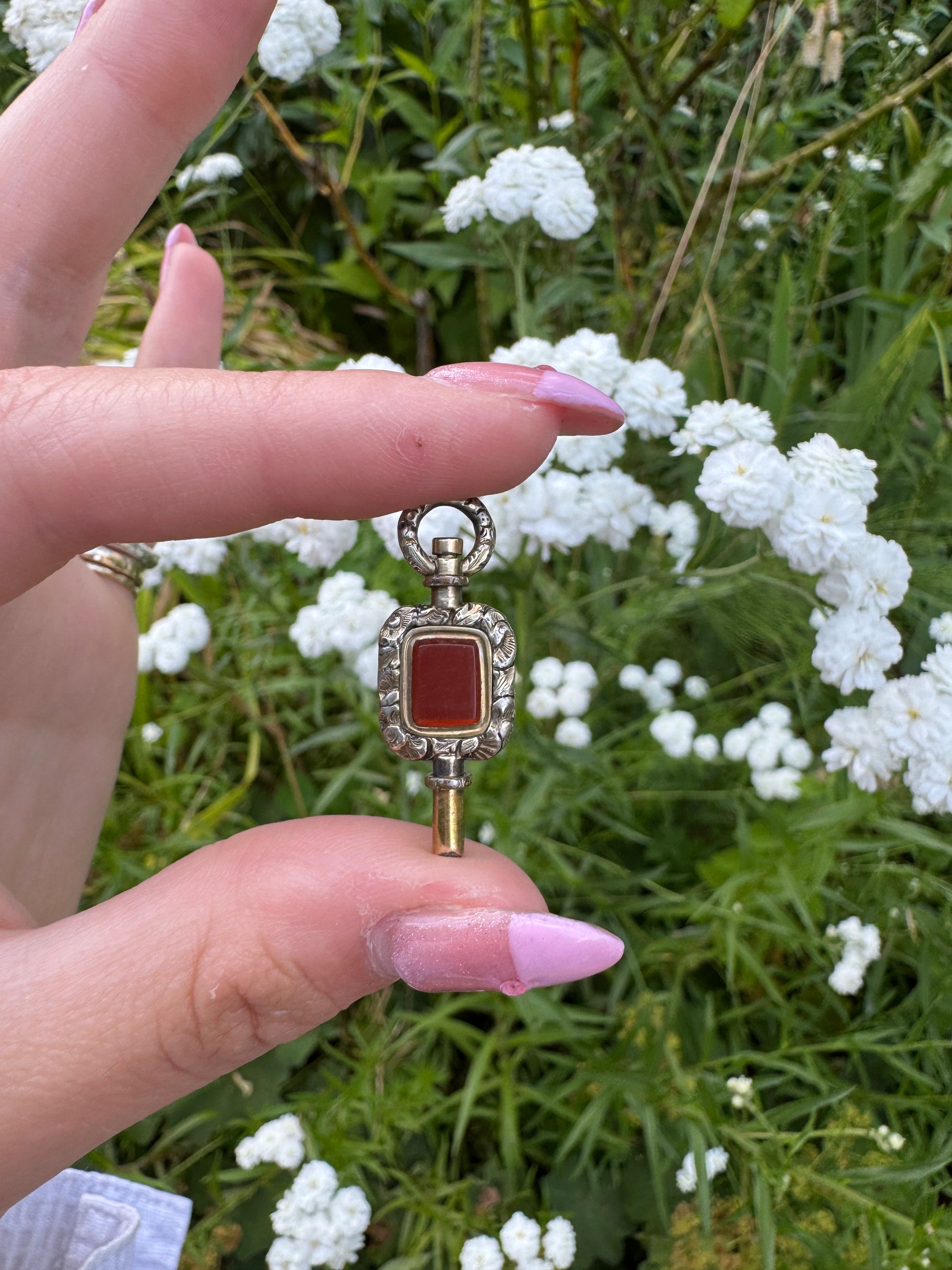 Antique Georgian Gold Cased Ornate Pocket Watch Key with Carnelian Stone