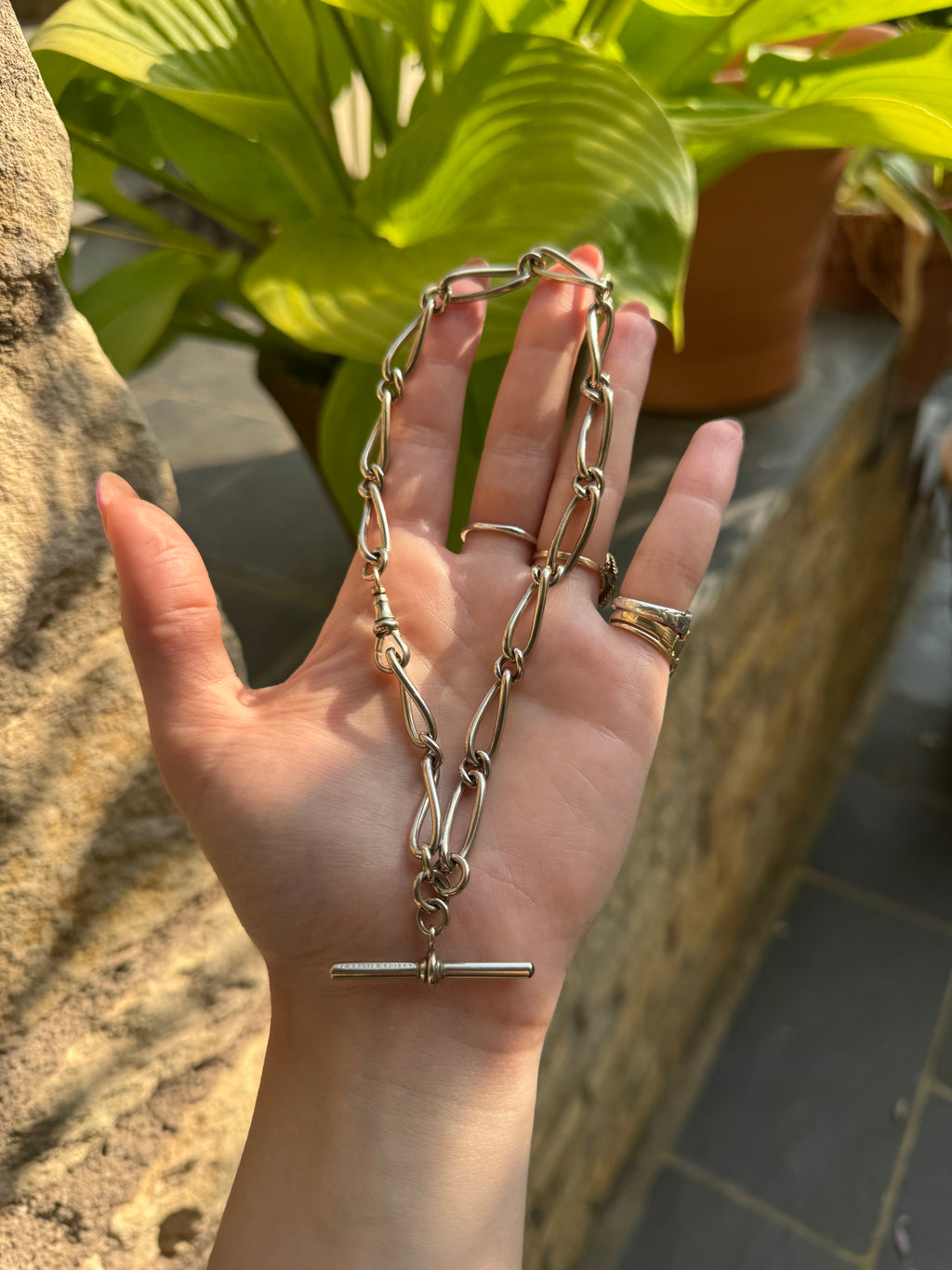 Antique Mexican Silver Trombone Link T bar Watch Chain